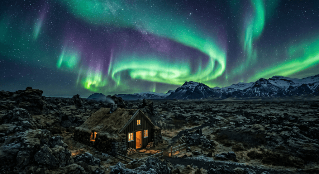 Northern lights aurora borealis dancing over cozy turf house in Iceland's rugged lava field landscape with snow-capped mountains