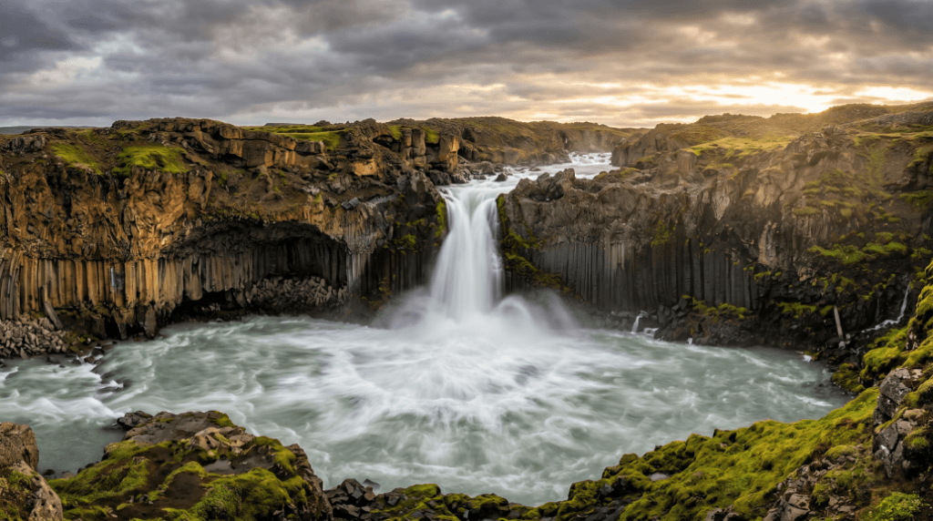 Aldeyjarfoss waterfall in Iceland with dramatic basalt columns and moss-covered volcanic rocks under moody sky
